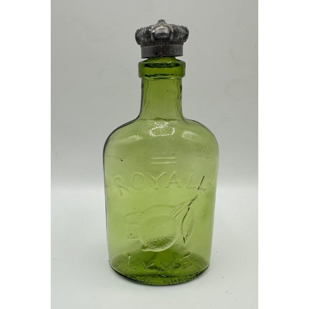 Royall Lyme Cologne Bottle Crown Cap Vintage Green Glass 4 Oz Embossed Design En